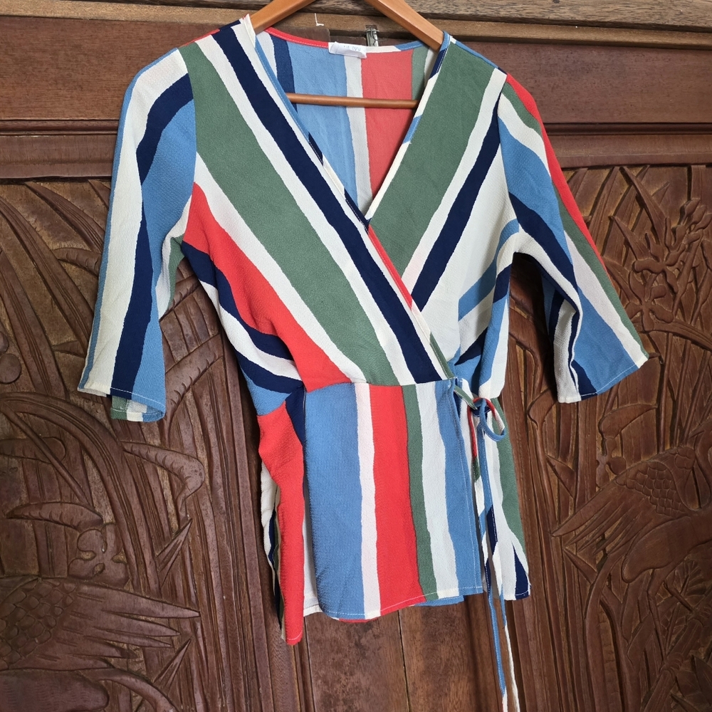 Sienna Sky Striped Wrap Style Tunic in Red, Blue, Green, Navy & White